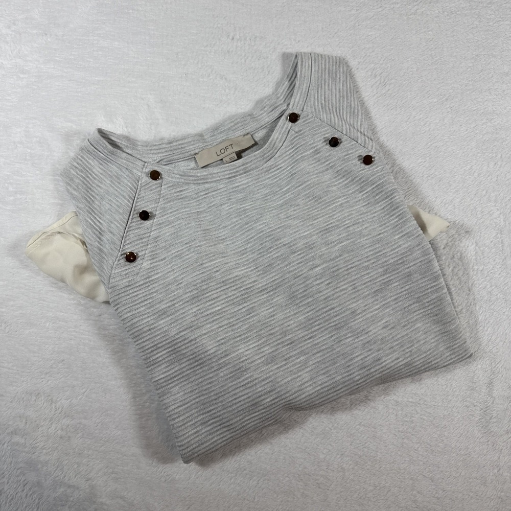 Loft 3/4‎ Sleeve Gold Embellished Grey Medium Weight Blouse Bottom Top Large - Picture 8 of 8